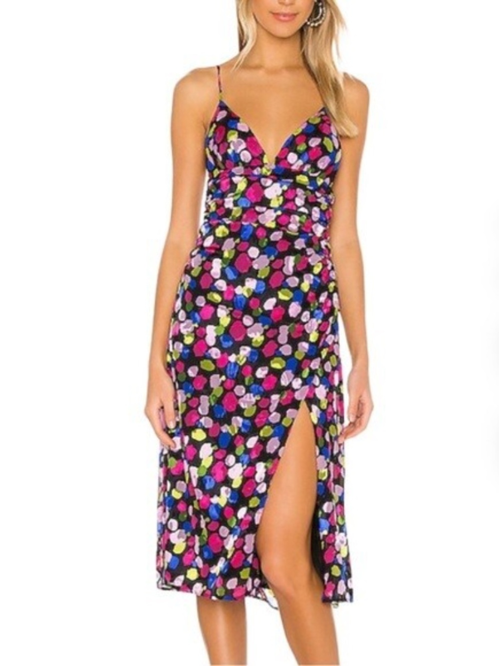 NBD Josefien Ruched Multi Color Dot Print Midi Dress Size XS NWT